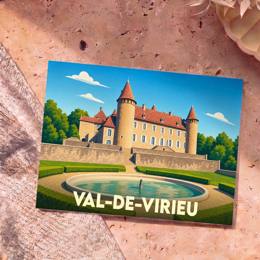 Carte postale souvenir de Val-de-Virieu illustrant son château et ses jardins avec un style graphique épuré.