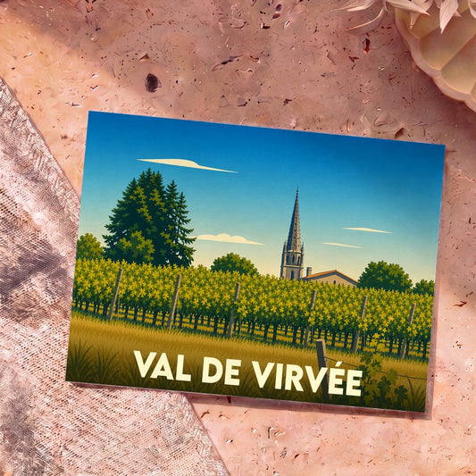 Carte postale souvenir de Val de Virvée illustrant un vignoble et son église dans un style graphique épuré.