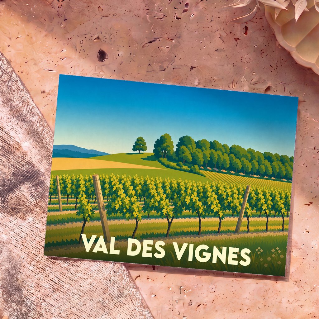 Carte postale souvenir de Val des Vignes illustrant un paysage de vignobles au style graphique épuré.