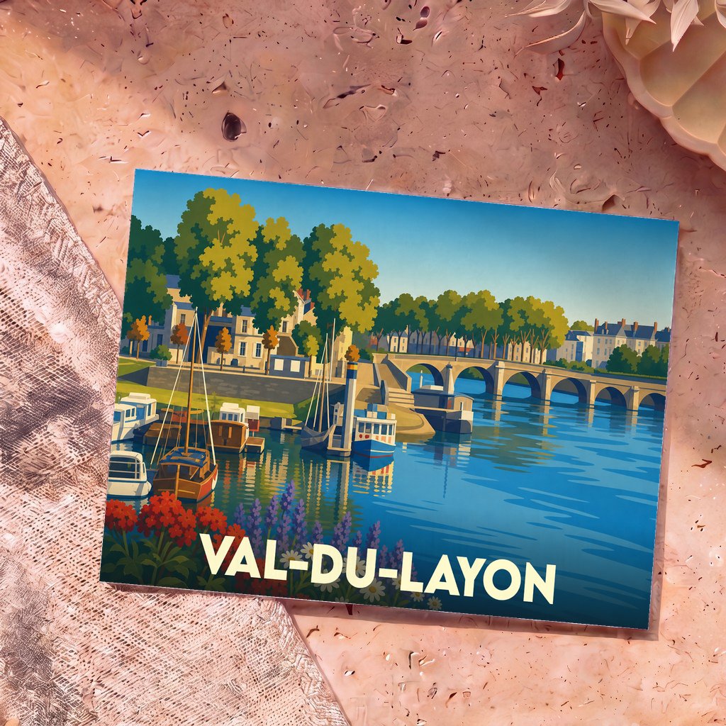 Carte postale souvenir de la ville de Val-du-Layon avec une illustration stylisée de son fleuve et de son pont.