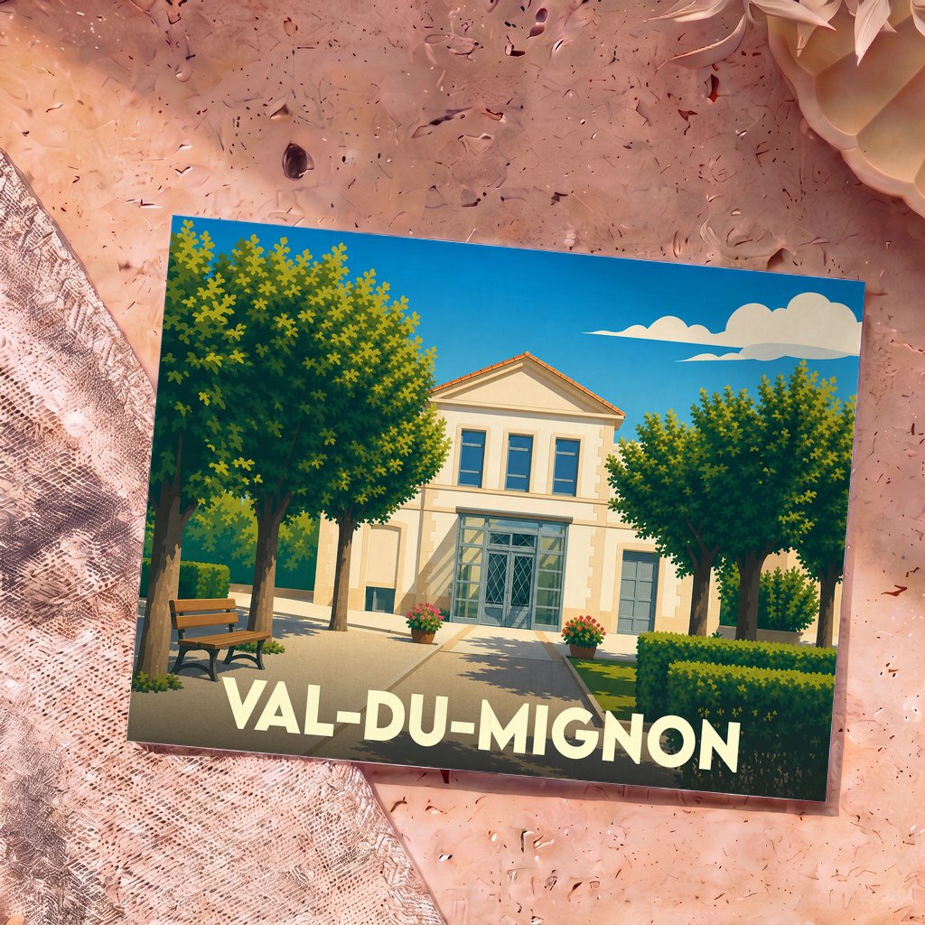 Carte postale souvenir de Val-du-Mignon avec une illustration stylisée de son architecture et de ses jardins.