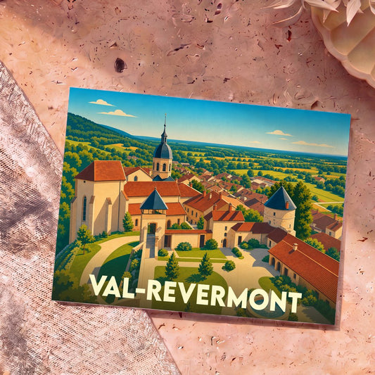 Carte postale souvenir de la ville de Val-Revermont avec une illustration stylisée de son église et de ses paysages verdoyants.