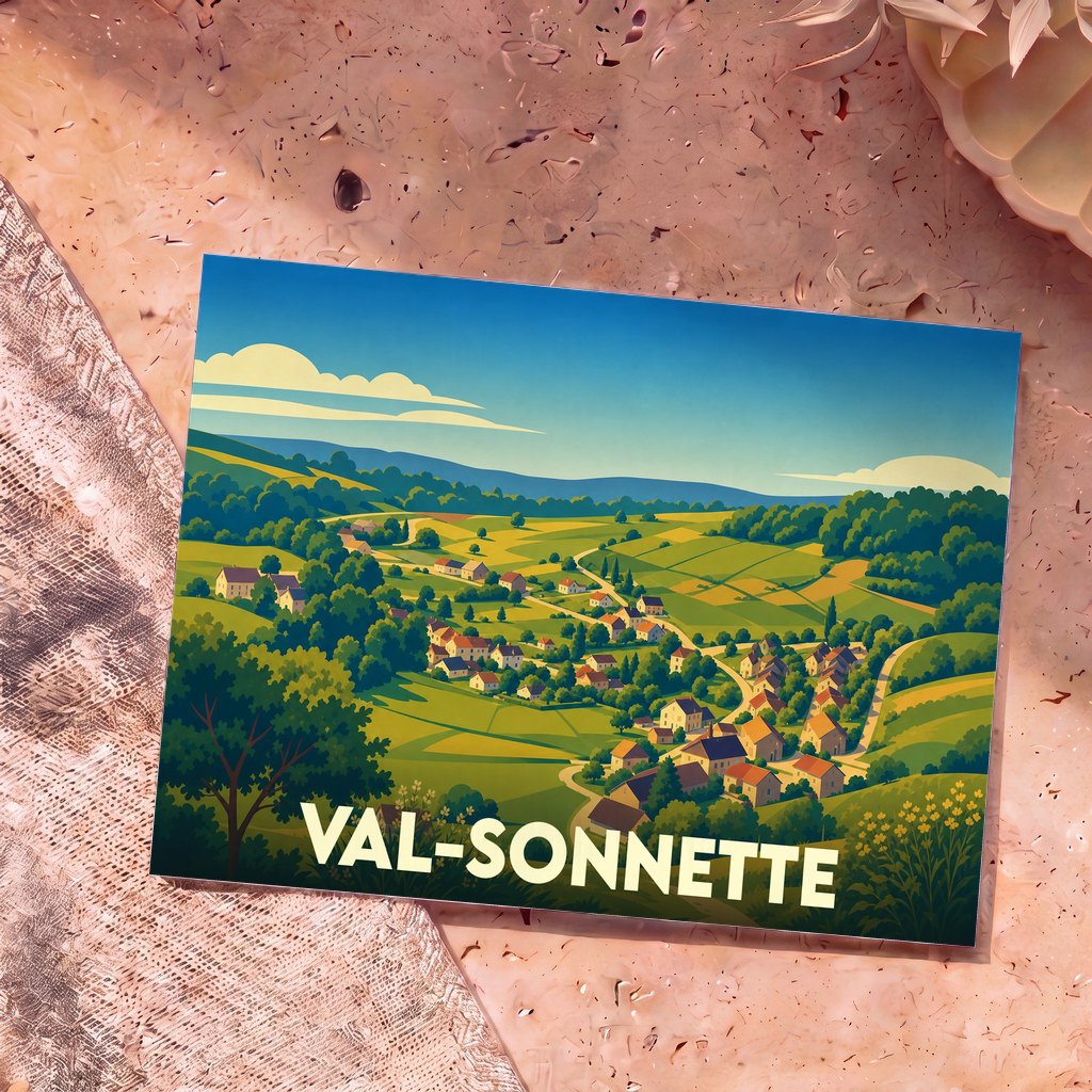 Carte postale souvenir de la commune de Val-Sonnette avec une illustration stylisée de son paysage vallonné.
