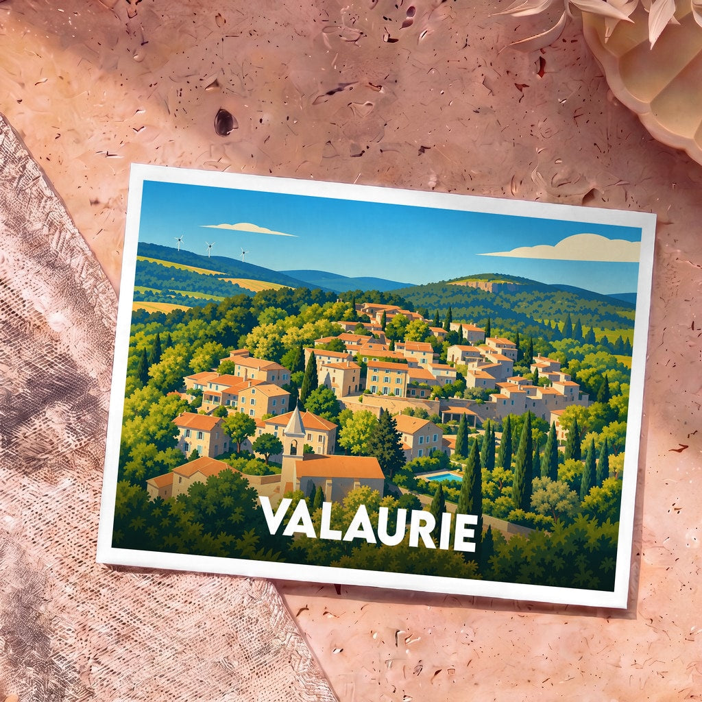 Carte postale souvenir de la ville de Valaurie avec une illustration stylisée de son village perché.