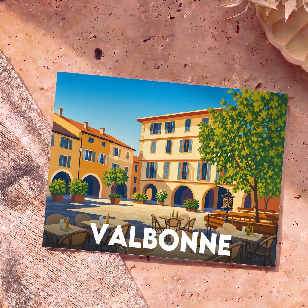 Carte postale souvenir de la ville de Valbonne avec une illustration colorée et stylisée de sa place principale.