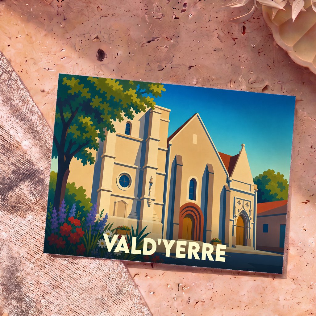 Carte postale souvenir de la commune de Vald'Yerre avec une illustration stylisée de son église et de sa végétation.