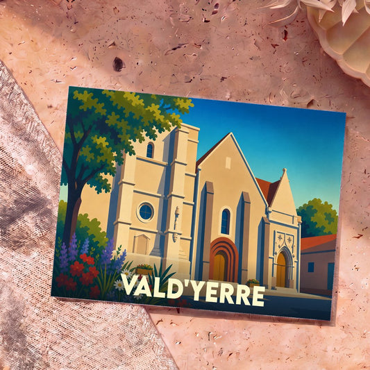 Carte postale souvenir de la ville de Vald'Yerre avec une illustration stylisée d'une église sous un ciel bleu.