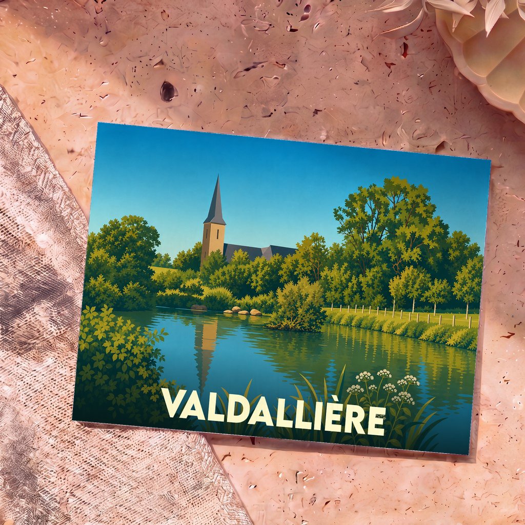 Carte postale souvenir de la ville de Valdallière avec une illustration stylisée d'une église au bord de l'eau.