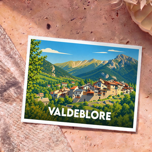Carte postale souvenir de la ville de Valdeblore avec une illustration stylisée de son village de montagne.