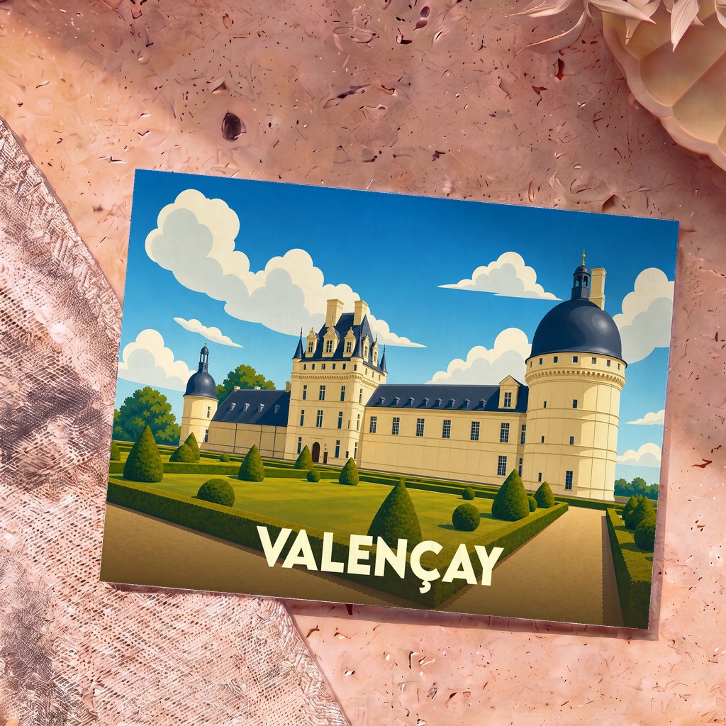 Carte postale souvenir de la ville de Valençay présentant une illustration stylisée de son château et de ses jardins.
