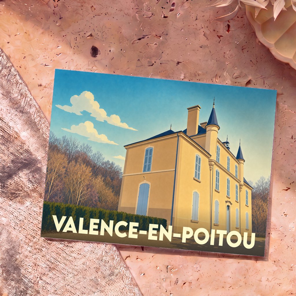 Carte postale souvenir de la ville de Valence-en-Poitou illustrant un château jaune de style classique sous un ciel bleu.