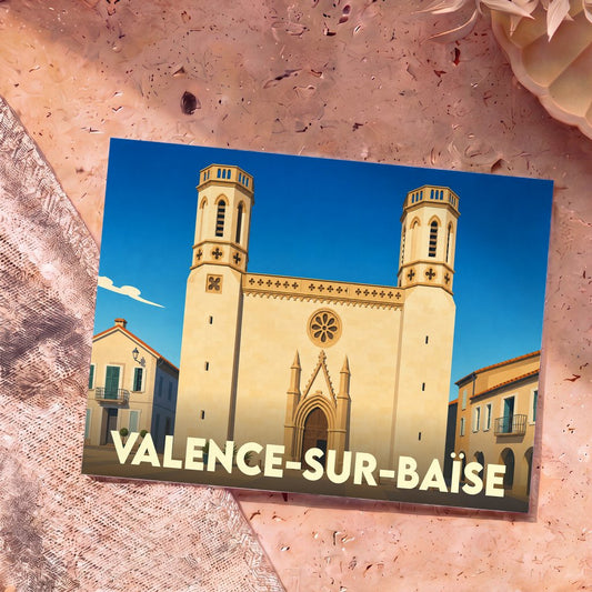 Carte postale souvenir de la ville de Valence-sur-Baïse illustrant son église fortifiée dans un style graphique épuré.