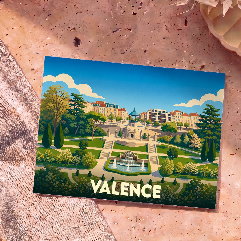 Carte postale souvenir de la ville de Valence illustrant le parc Jouvet et son kiosque à musique dans un style coloré et épuré.