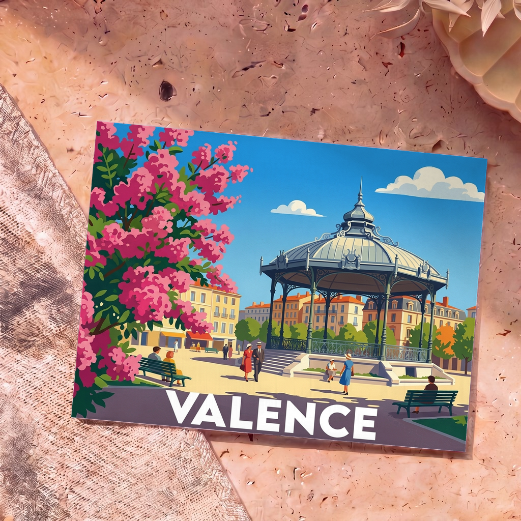 Carte postale souvenir de la ville de Valence avec une illustration stylisée de son célèbre kiosque à musique.