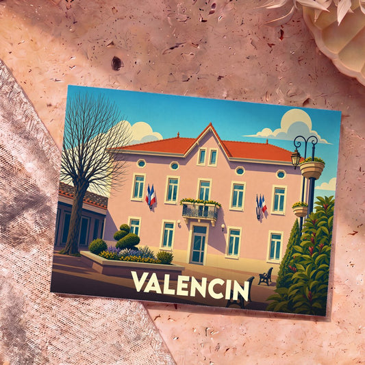 Carte postale souvenir de la ville de Valencin avec une illustration stylisée de la mairie sous un ciel bleu.