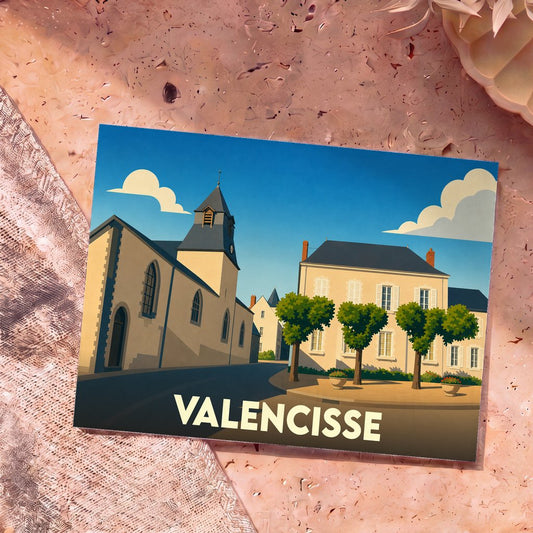 Carte postale souvenir de la ville de Valencisse avec une illustration stylisée d'une église et d'une place arborée.