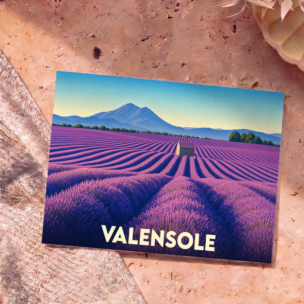 Carte postale souvenir de la ville de Valensole avec une illustration stylisée de champs de lavande.