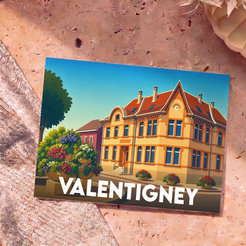 Carte postale souvenir de la ville de Valentigney avec une illustration colorée et stylisée d'un bâtiment historique.