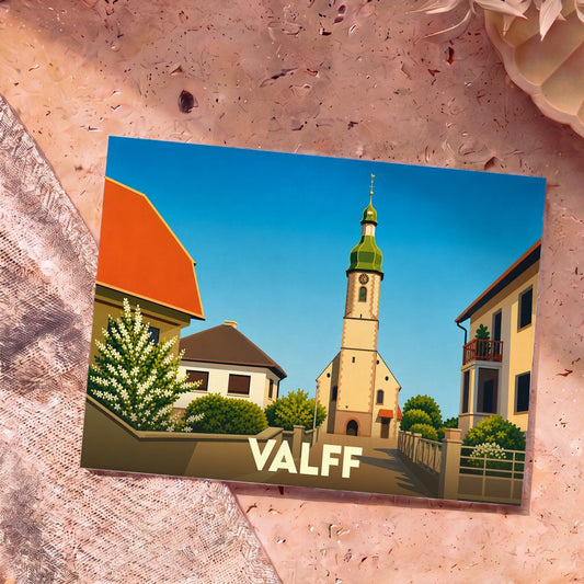 Carte postale souvenir de la ville de Valff avec une illustration stylisée de son église et de ses maisons.