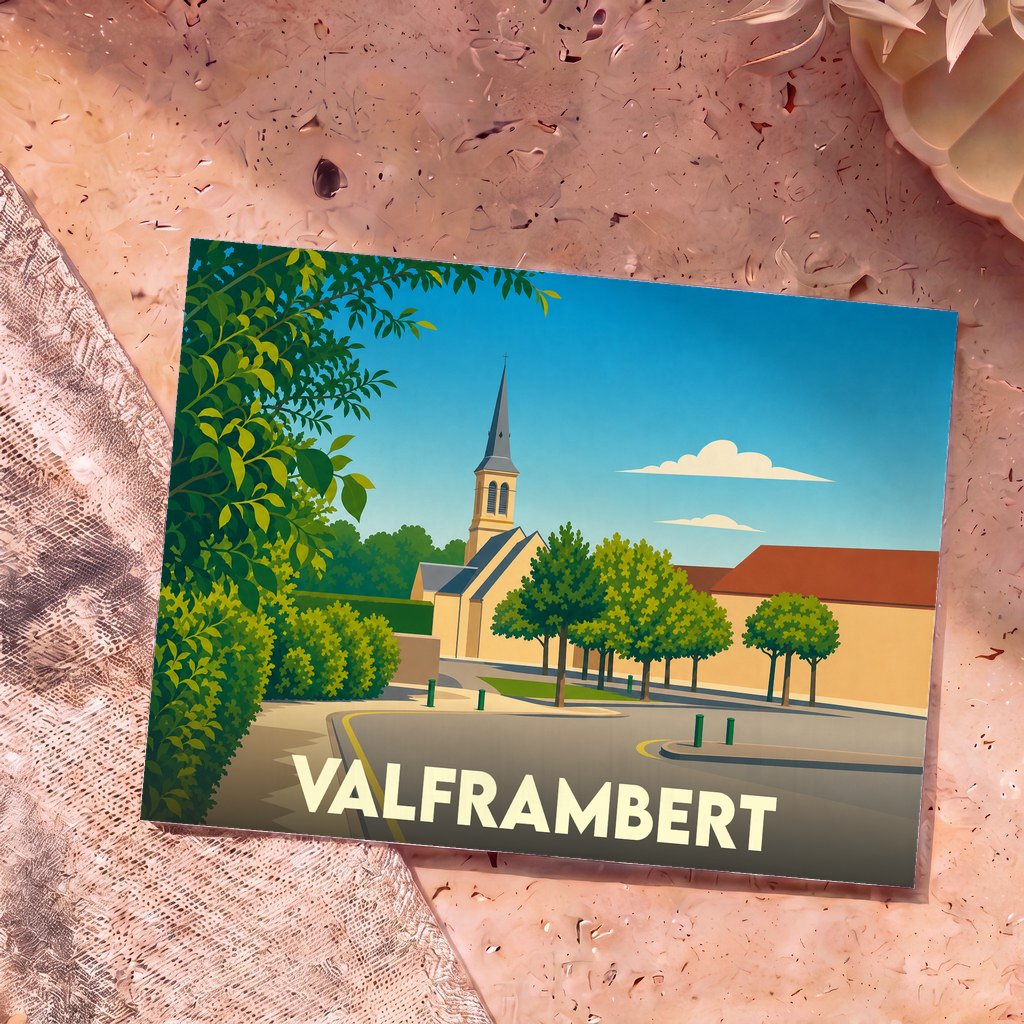 Carte postale souvenir de la ville de Valframbert avec une illustration stylisée montrant son église et sa verdure.