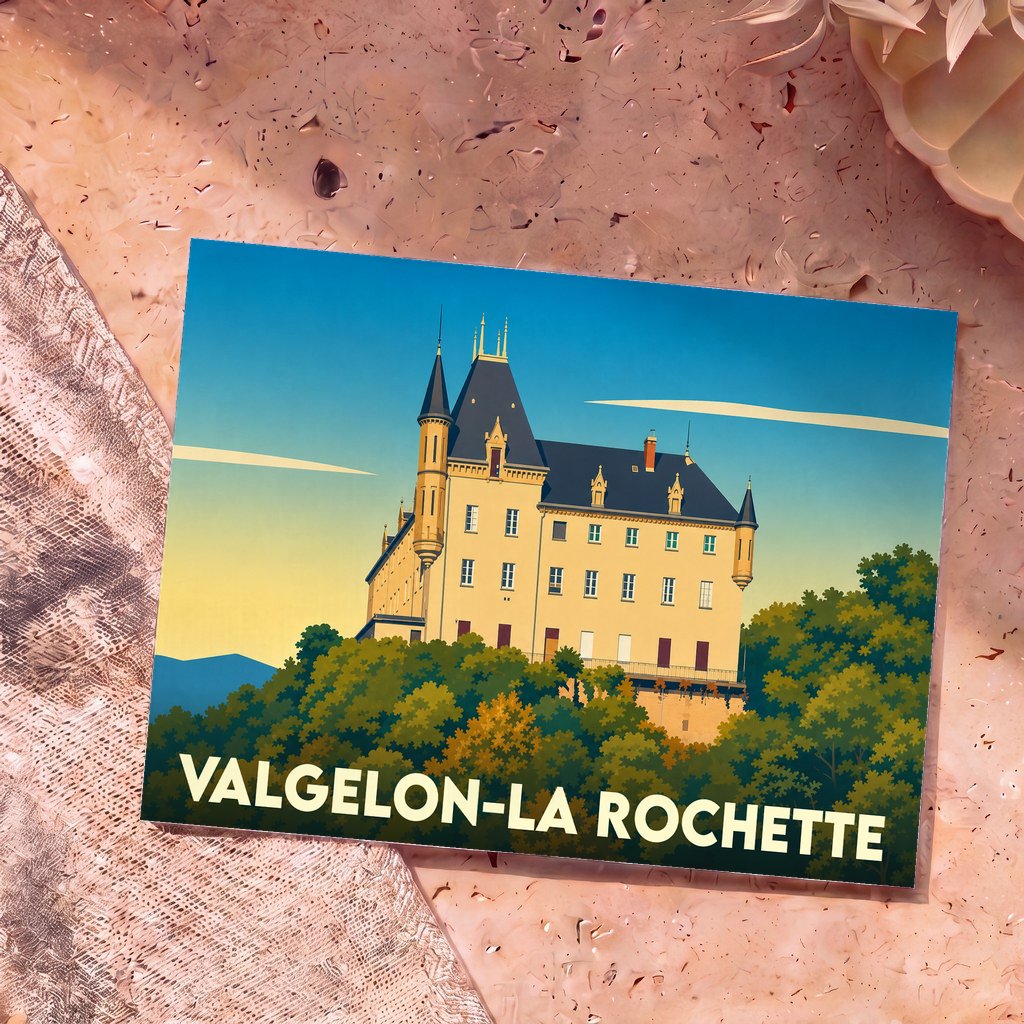 Carte postale souvenir de Valgelon-La Rochette représentant son château avec une illustration stylisée.