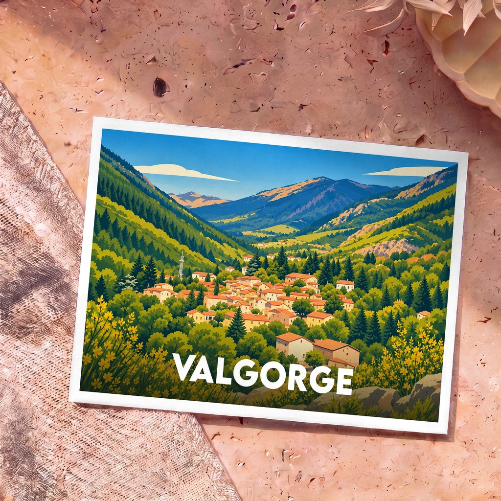 Carte postale souvenir de la ville de Valgorge avec une illustration stylisée d'un village dans une vallée montagneuse.