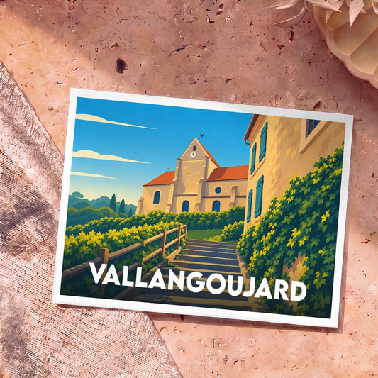Carte postale souvenir de la ville de Vallangoujard avec une illustration stylisée de son église sous un ciel bleu.