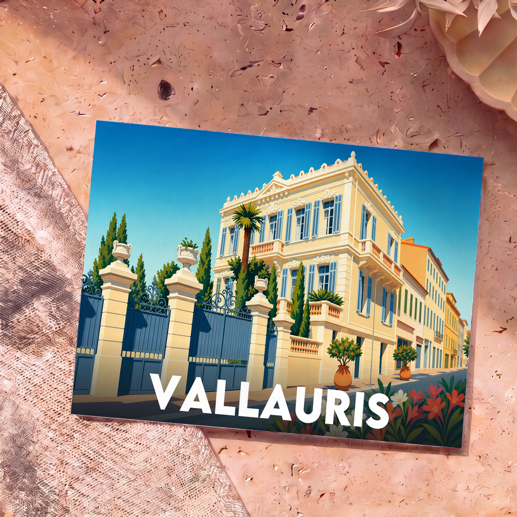 Carte postale souvenir de la ville de Vallauris représentant une villa de style méditerranéen dans un décor ensoleillé.