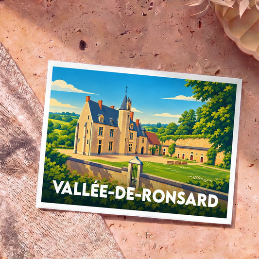 Carte postale souvenir de la ville de Vallée-de-Ronsard avec une illustration stylisée d'un manoir historique.
