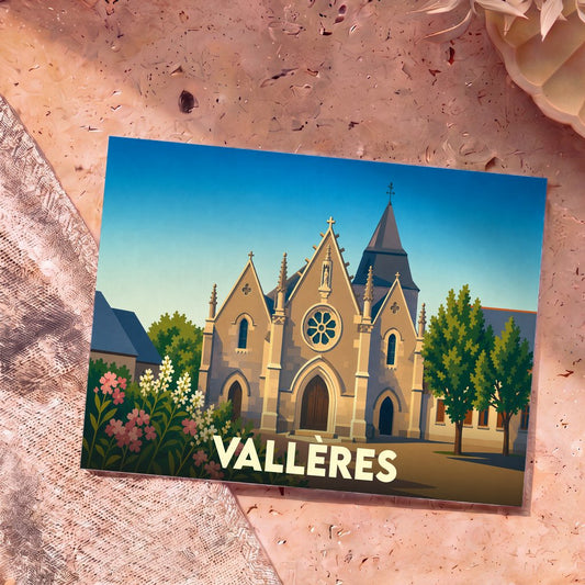Carte postale souvenir de la ville de Vallères avec une illustration stylisée de son église et de jardins fleuris.