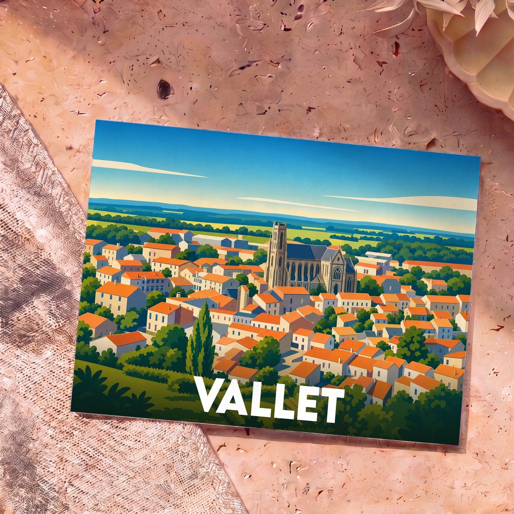 Carte postale souvenir de la ville de Vallet avec une illustration stylisée d'un panorama urbain.