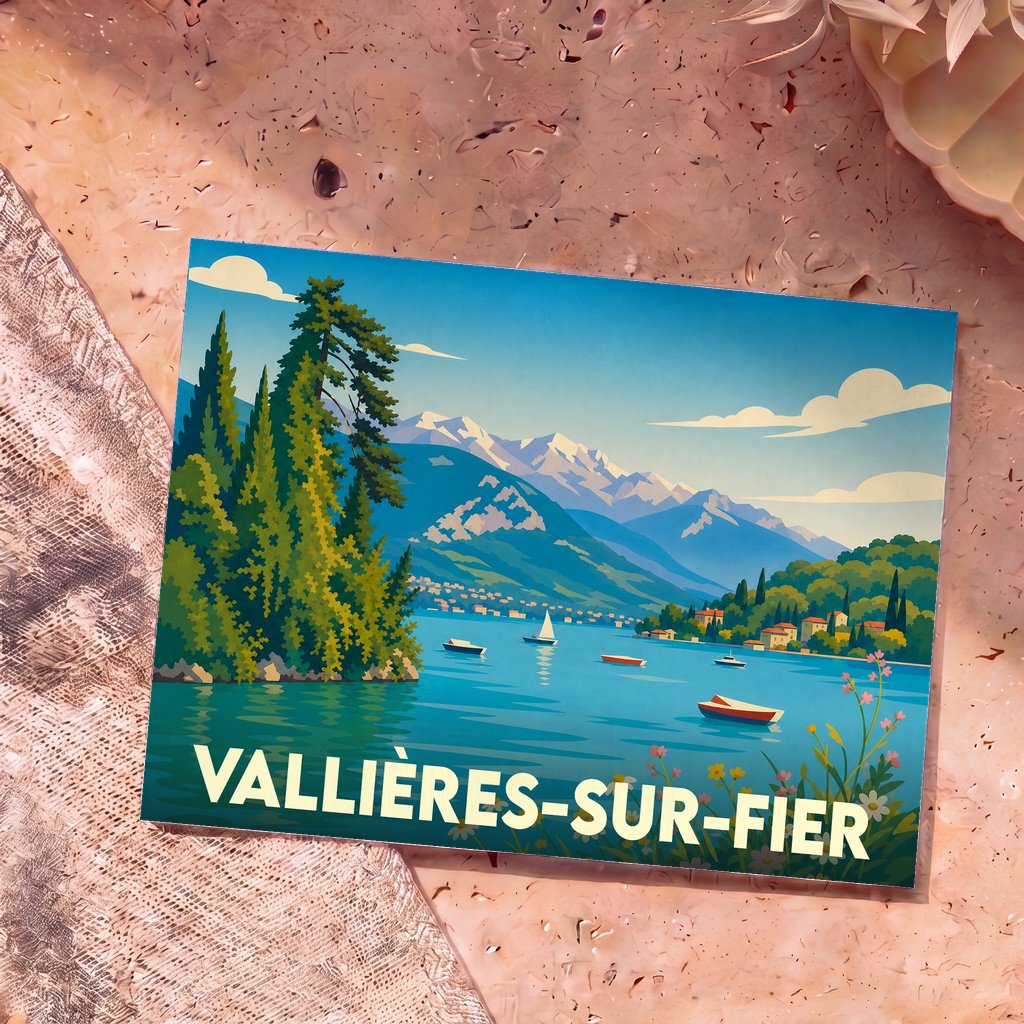 Carte postale souvenir de Vallières-sur-Fier présentant une illustration stylisée d'un lac de montagne.