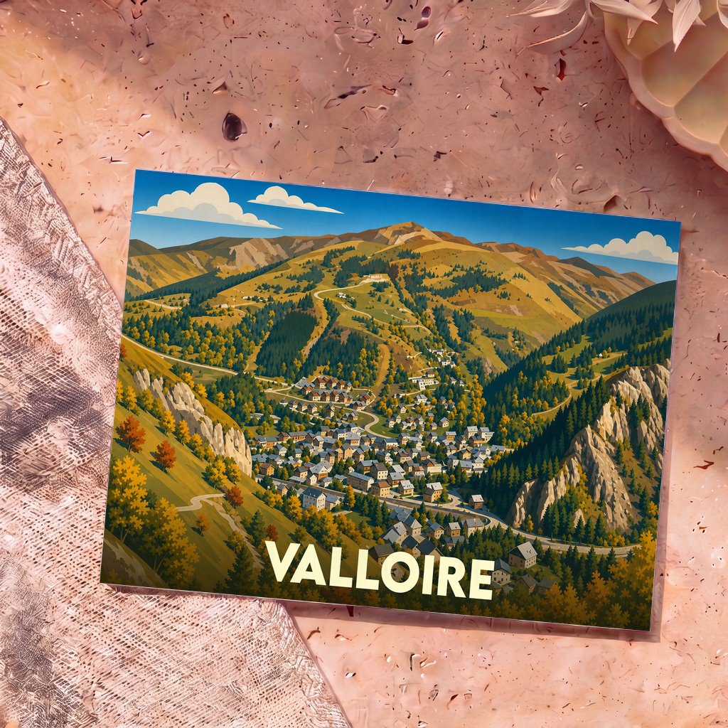 Carte postale souvenir de la ville de Valloire avec une illustration stylisée d'un village alpin en automne.