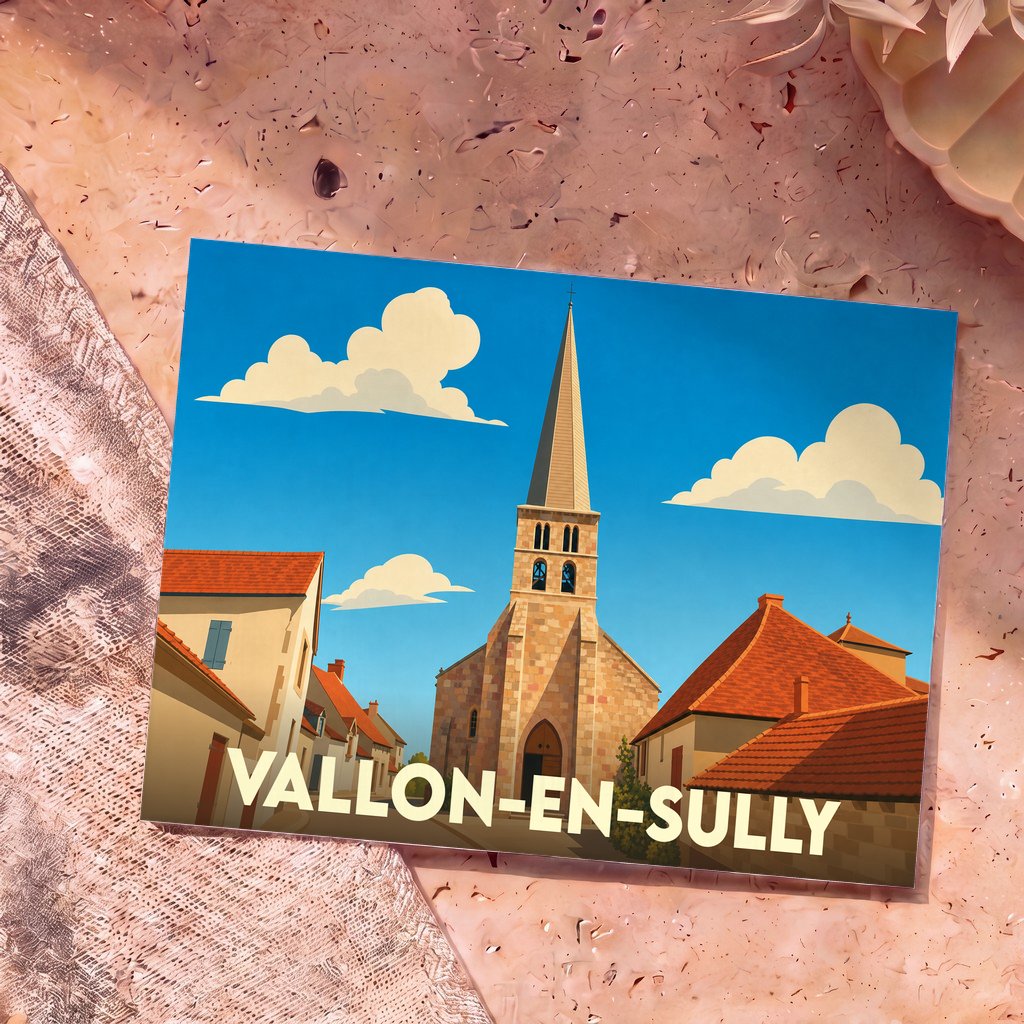 Carte postale souvenir de la ville de Vallon-en-Sully avec une illustration stylisée de son église et ses toits rouges.