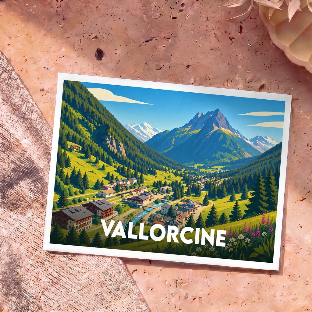 Carte postale souvenir de la ville de Vallorcine avec une illustration stylisée de sa vallée montagneuse.