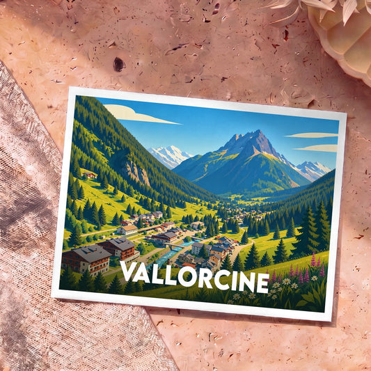 Carte postale souvenir de la ville de Vallorcine avec une illustration stylisée de sa vallée montagneuse.