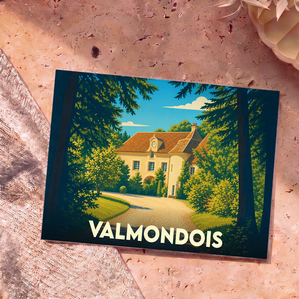 Carte postale souvenir de la ville de Valmondois avec une illustration stylisée d'une demeure entourée de verdure.