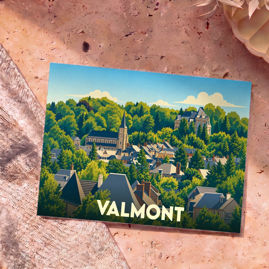 Carte postale souvenir de la ville de Valmont avec une illustration stylisée de ses toits, son église et son château nichés dans la verdure.
