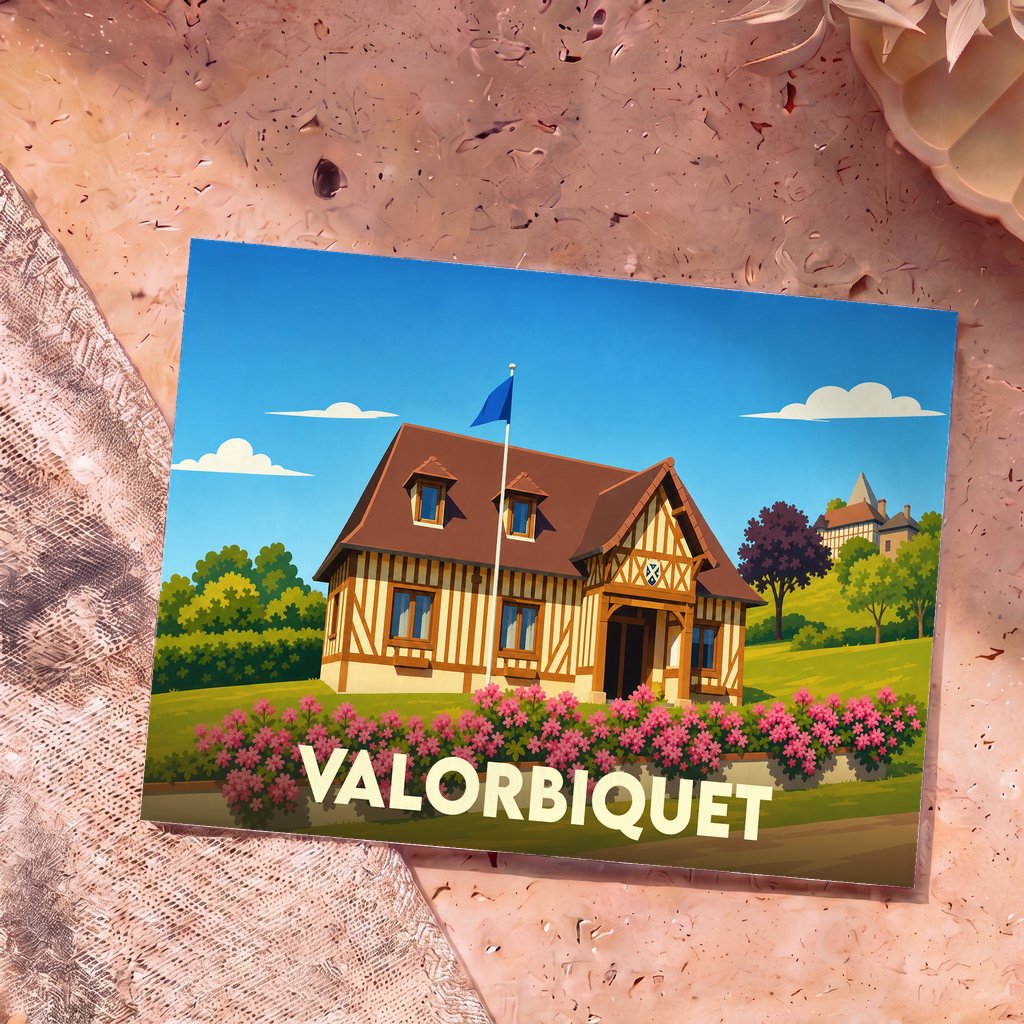 Carte postale souvenir de la ville de Valorbiquet avec une illustration stylisée d'une maison à colombages.