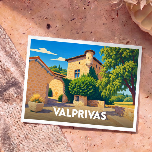 Carte postale souvenir de la ville de Valprivas avec une illustration stylisée d'un château en pierre.