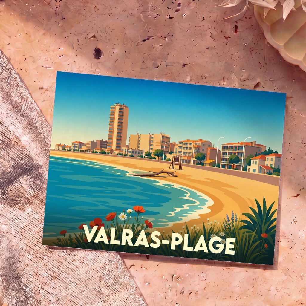 Carte postale souvenir de Valras-Plage avec une illustration colorée et stylisée de son front de mer.