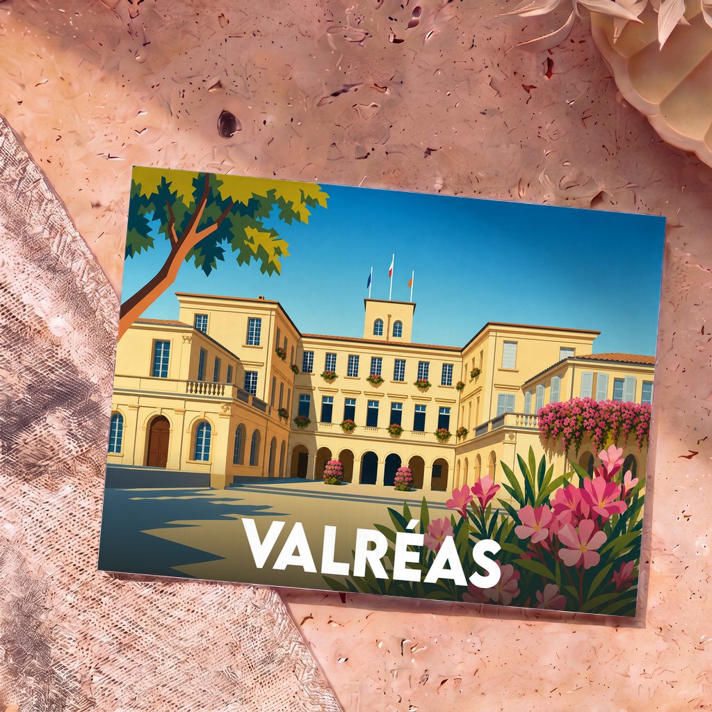 Carte postale souvenir de la ville de Valréas avec une illustration stylisée de son hôtel de ville.