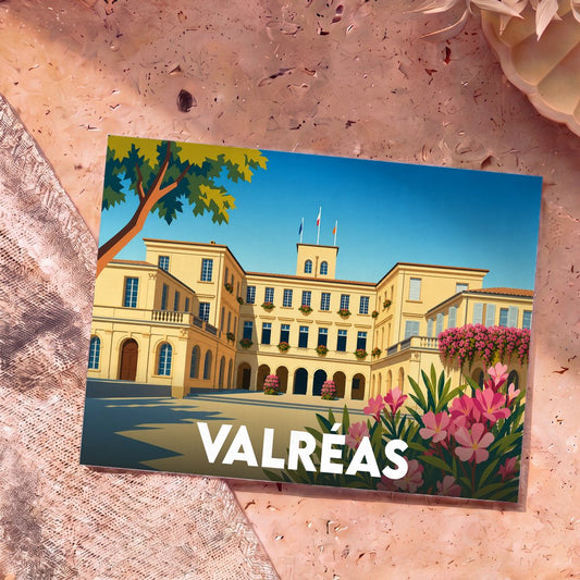 Carte postale souvenir de la ville de Valréas avec une illustration stylisée de son hôtel de ville.