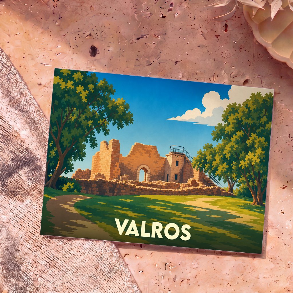 Carte postale souvenir de la ville de Valros arborant une illustration stylisée de ruines médiévales sous un ciel bleu.