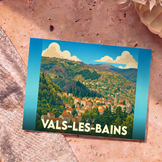 Carte postale souvenir de la ville de Vals-les-Bains avec une illustration stylisée de ses collines boisées et de son église.