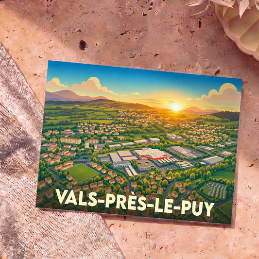 Carte postale souvenir de la ville de Vals-près-le-Puy avec une illustration panoramique stylisée au coucher du soleil.