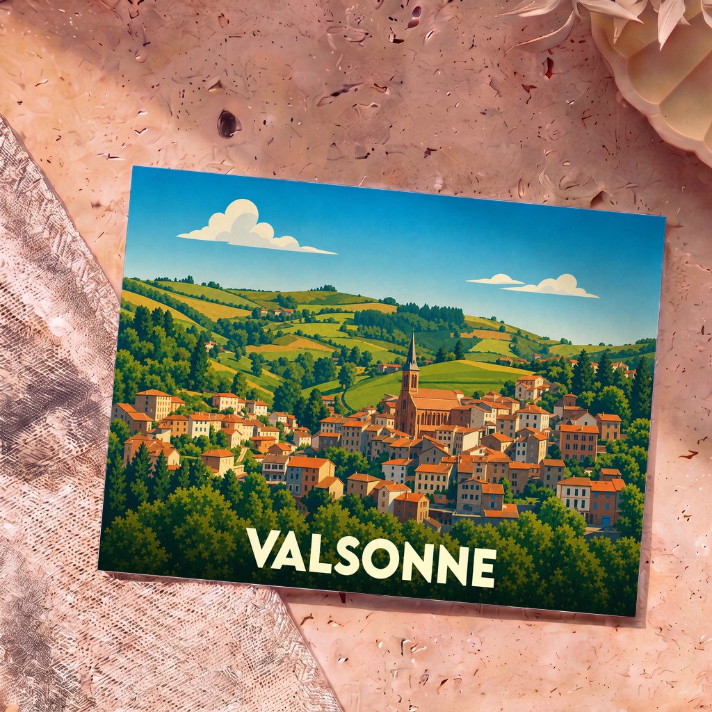 Carte postale souvenir de la ville de Valsonne avec une illustration stylisée de son village vallonné.