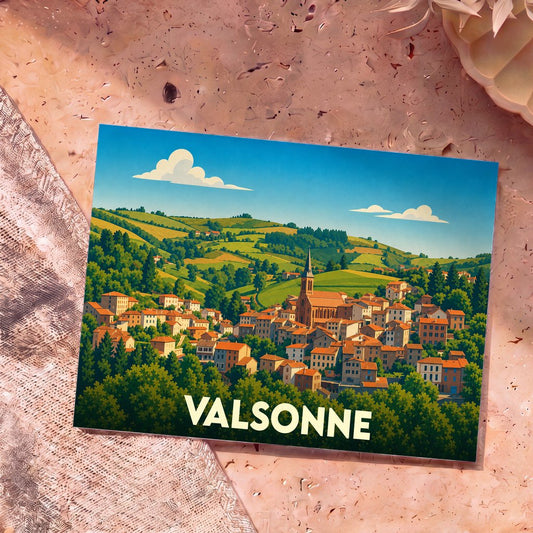 Carte postale souvenir de la ville de Valsonne avec une illustration stylisée de son village vallonné.