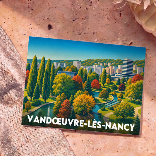 Carte postale souvenir de la ville de Vandœuvre-lès-Nancy avec une illustration stylisée d'un parc en automne.