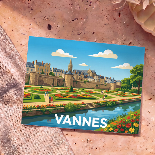 Carte postale souvenir de la ville de Vannes avec une illustration colorée de ses jardins et remparts historiques.